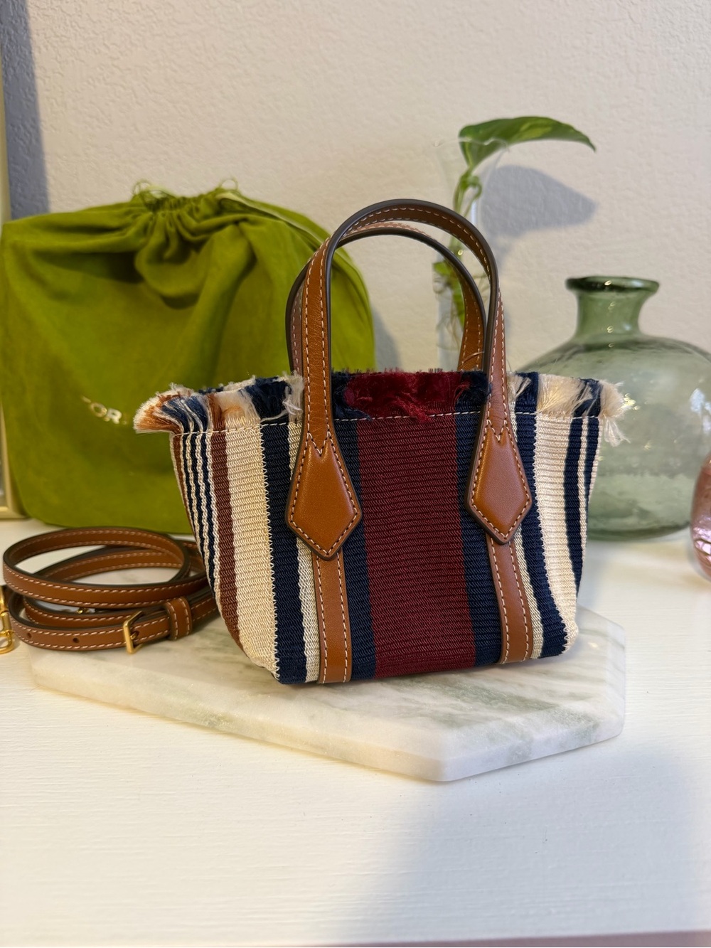Tory Burch Striped Mini Tote in Navy, Red, Cream with Tan Leather
